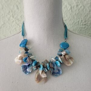 Blue & White Shell Statement Necklace Choker on Blue Cord Beachy Coastal 17"